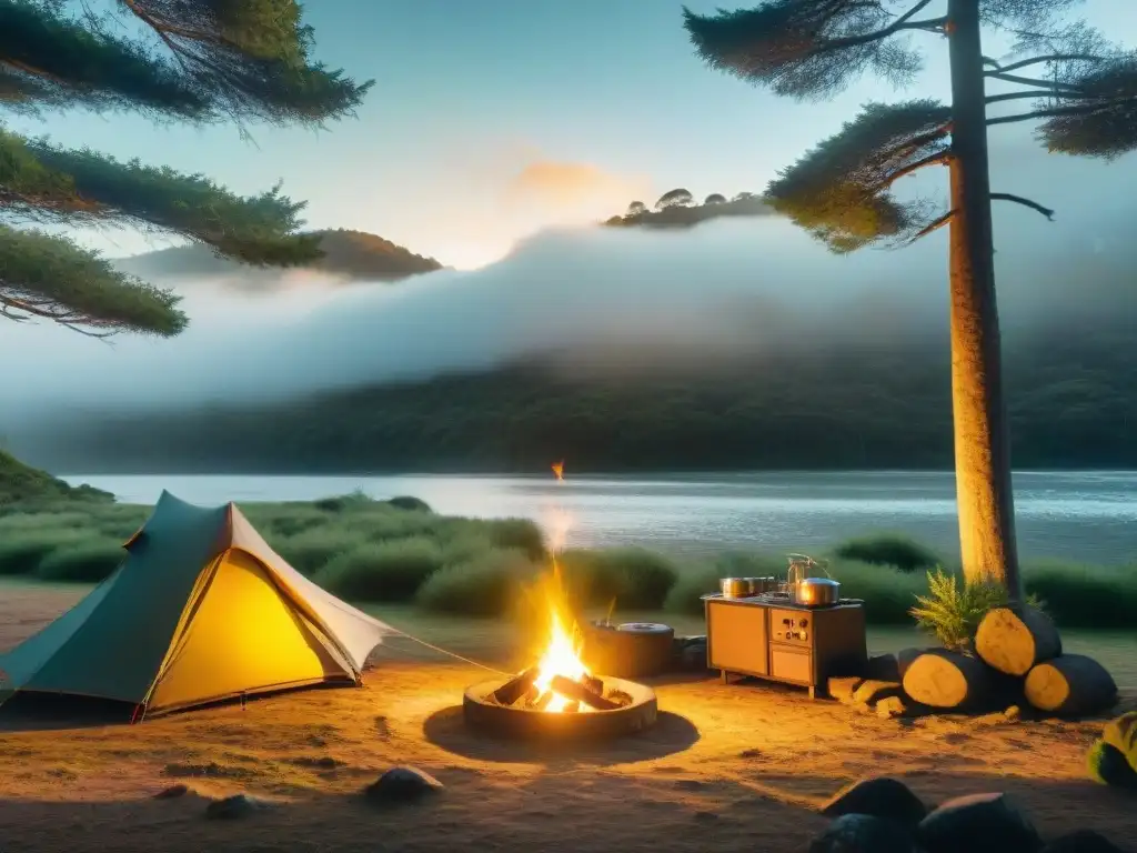 Camping responsable en Uruguay: cocinando en armonía con la naturaleza Campistas responsables en Uruguay cocinando en un campamento ecoamigable en medio de exuberante vegetación y tranquilidad natural