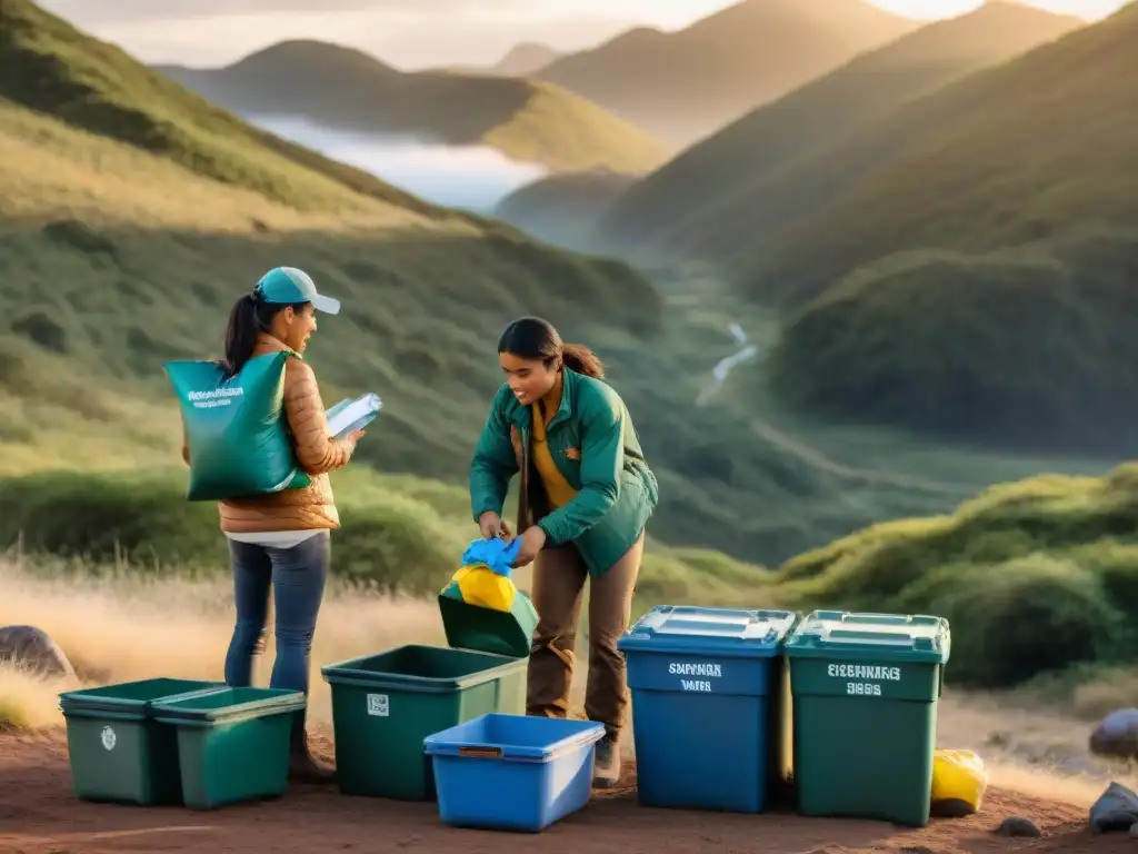 Campamento sostenible: Reciclando al atardecer en Uruguay Campistas responsables practican el manejo de desechos en camping en un atardecer dorado en la naturaleza uruguaya