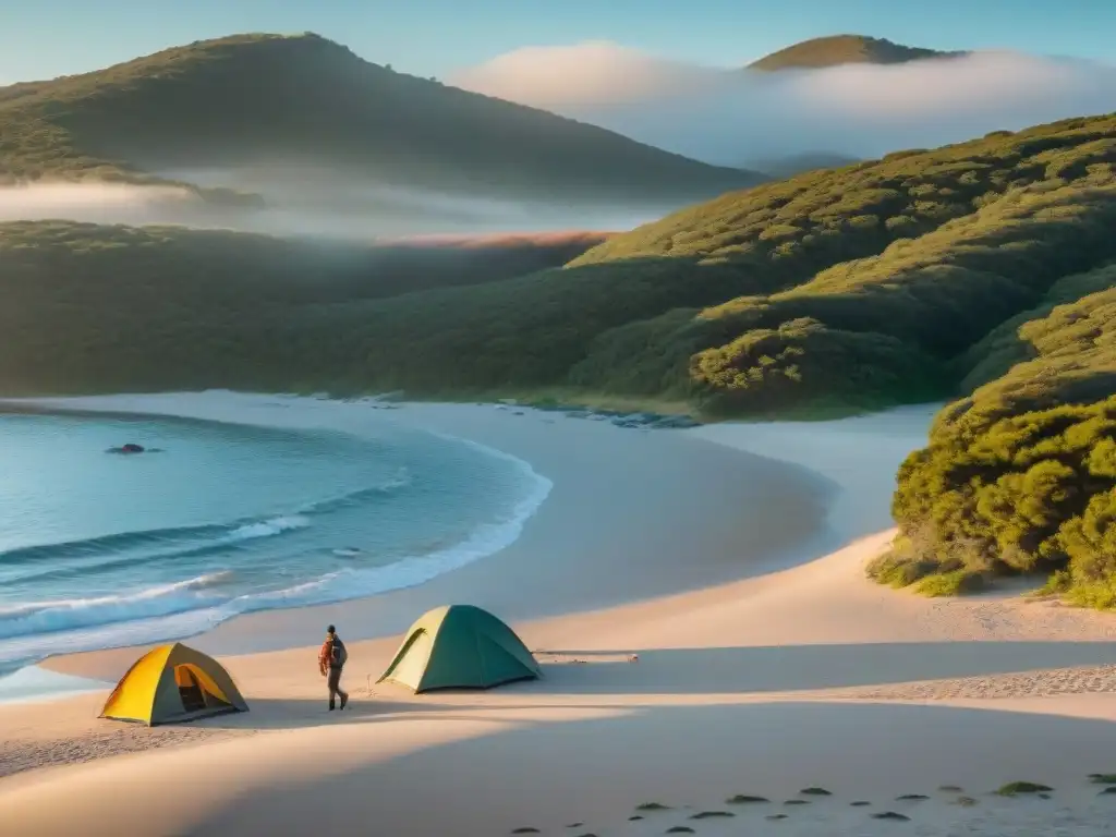 Amanecer eco en playa uruguaya: campistas responsables cuidan el entorno Campistas responsables en Uruguay cuidan la playa al amanecer, creando armonía con la naturaleza