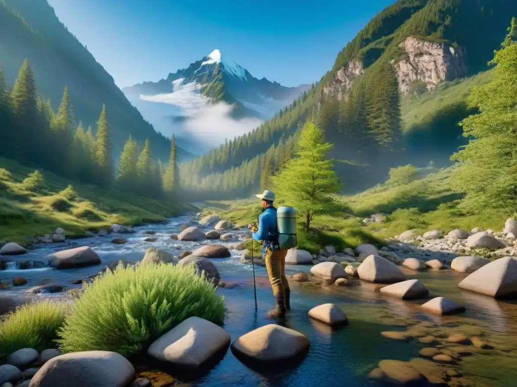 Campamento tecnológico: filtros de agua en acción en la naturaleza Campistas usando diversos sistemas de filtración de agua en un arroyo de montaña