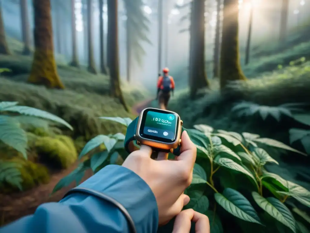 Campistas con tecnología avanzada exploran bosque frondoso Campistas con tecnología wearable avanzada explorando un bosque exuberante