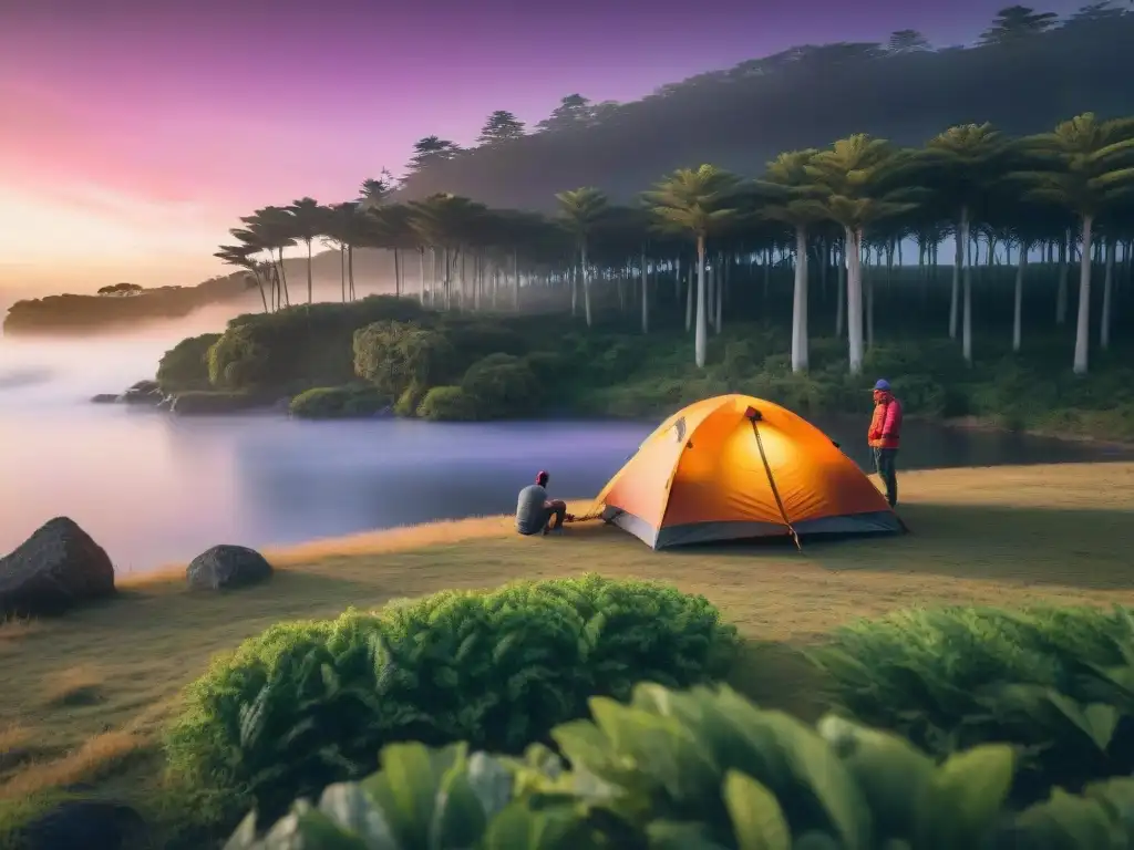 Campamento de aventura en Uruguay al atardecer Campistas en Uruguay montan tienda al atardecer con indumentaria de calidad, rodeados de naturaleza