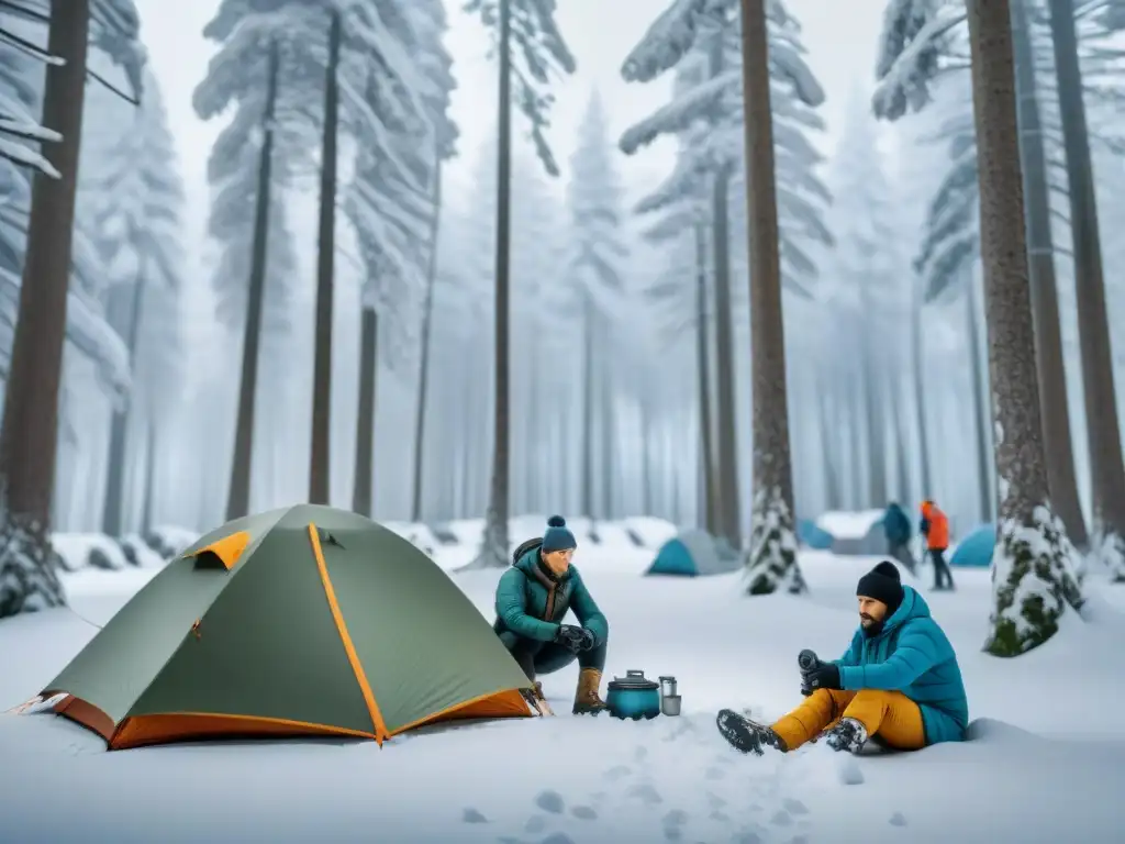 Campamento invernal: preparativos en el bosque nevado Campistas montan tienda en bosque nevado con vestimenta adecuada para campismo invierno