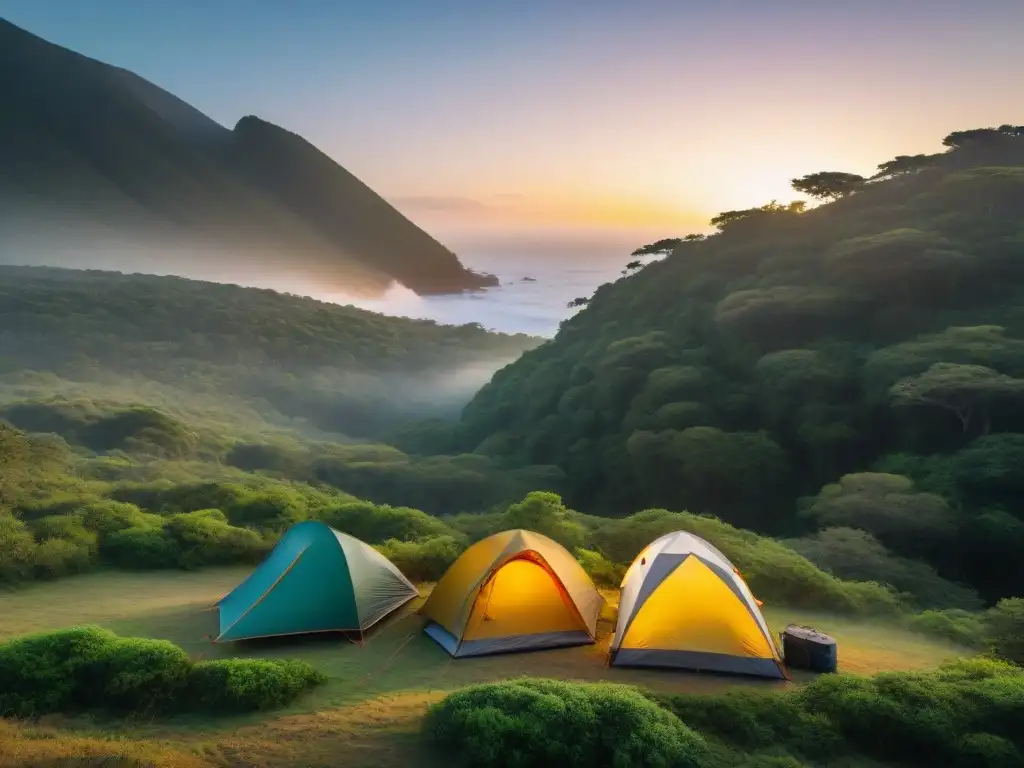 Camping en Uruguay: Atardecer tranquilo entre mosquitos Campistas en Uruguay montando tiendas al atardecer entre vegetación exuberante, aplicando repelente de mosquitos para acampar protegidos