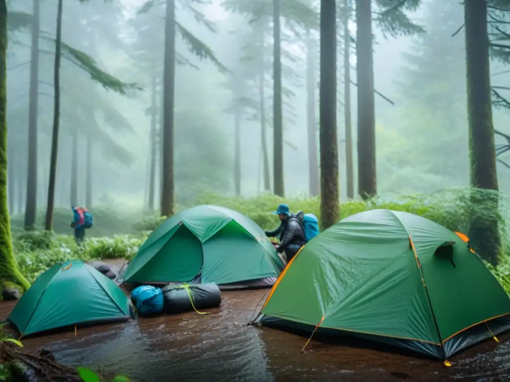 Campistas preparando tiendas bajo lluvia en bosque exuberante Campistas arman tiendas bajo la lluvia en un bosque