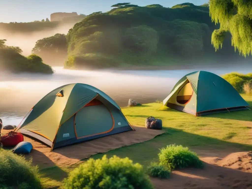 Equipo diverso de campistas montando tiendas junto al río en Uruguay Diversos campistas arman tiendas cerca de un río en Uruguay, en un ambiente de trabajo en equipo y aventura al aire libre al atardecer