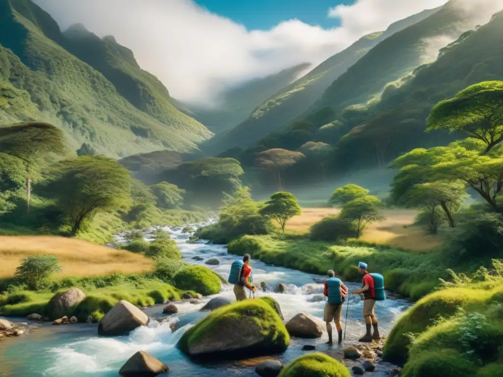 Campamento en Uruguay: purificando agua en la naturaleza Campistas uruguayos filtrando agua en el bosque con filtros de agua de alta tecnología