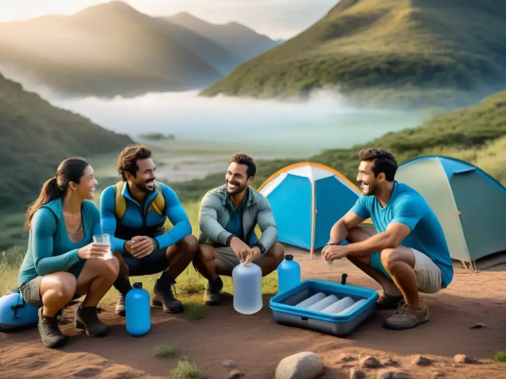 Campamento en Uruguay: emoción y tecnología del agua limpia al atardecer Campistas uruguayos disfrutan de los beneficios de un sistema filtración agua camping avanzado al atardecer