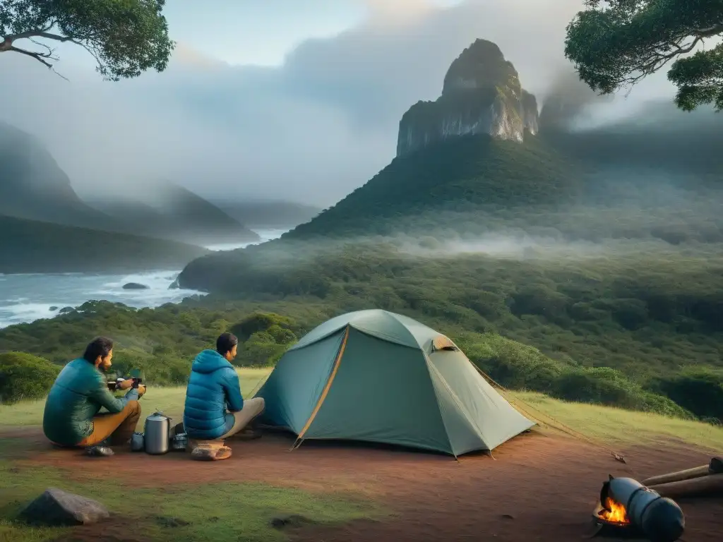 Campamento en Uruguay: herramientas multifuncionales en acción Campistas uruguayos disfrutan del camping con herramientas multifuncionales en la naturaleza de Uruguay