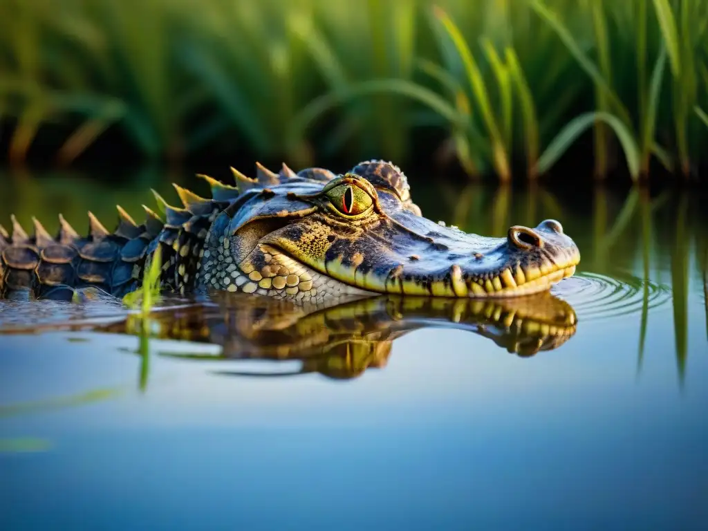 Yacaré en Uruguay: mito vivo entre la vegetación acuática Yacaré camuflado entre la vegetación acuática, criatura fantástica de la tradición uruguaya