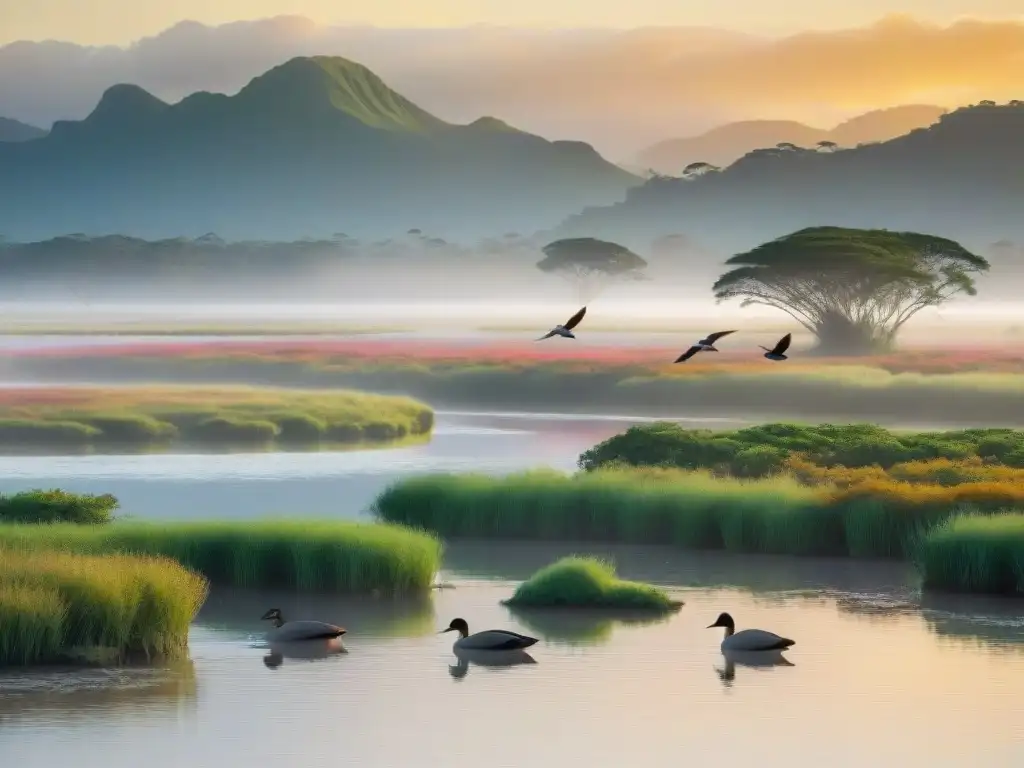 Magia matutina: Capibaras y aves en Esteros de Farrapos, Uruguay Dos capibaras pastando en humedales al amanecer en Esteros de Farrapos