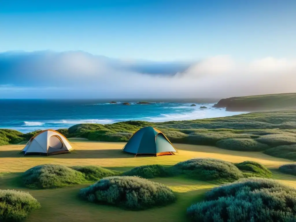 Campamento de lujo en Cabo Polonio: carpa de alta calidad en la naturaleza Carpa ideal camping en Uruguay, escenario pintoresco en Cabo Polonio con vegetación exuberante y cielo azul despejado