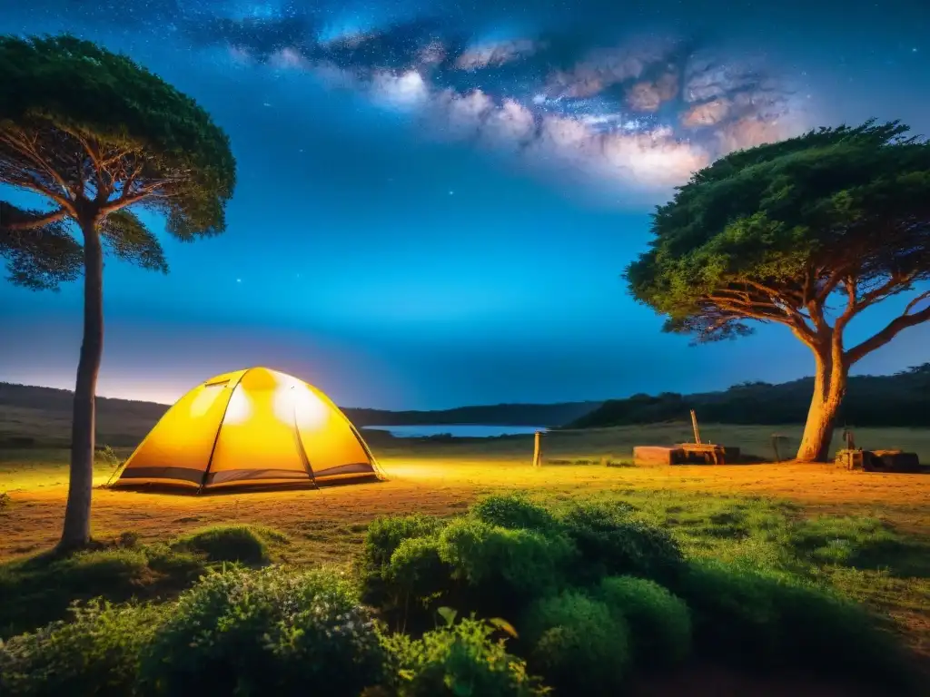 Campamento de ensueño bajo las estrellas en Uruguay Carpa iluminada en camping Uruguay al anochecer, rodeada de naturaleza exuberante y cielo estrellado
