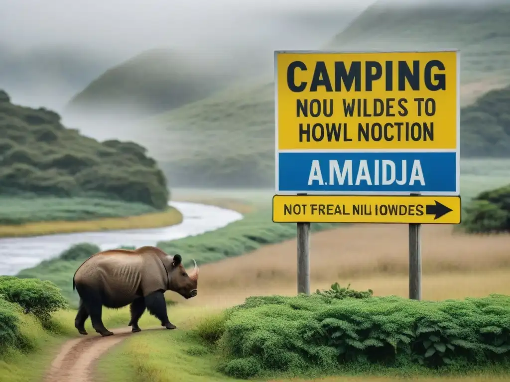 Señal de advertencia: vida silvestre en camping de Uruguay Cartel de advertencia sobre fauna local en camping de Uruguay