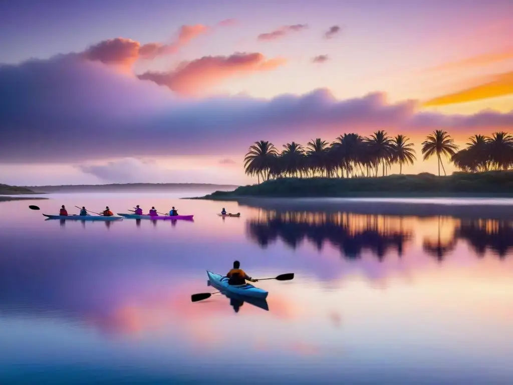 Atardecer de ensueño en Laguna Garzón: kayaks y flamencos Un cautivador atardecer sobre Laguna Garzón en Uruguay, con kayaks coloridos y flamencos volando