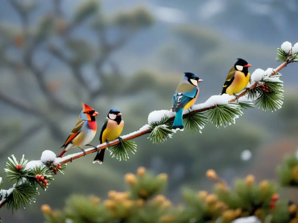 Avifauna uruguaya en invierno: diversidad y belleza en la nieve Una cautivadora escena invernal de aves uruguayas en sus ramas nevadas