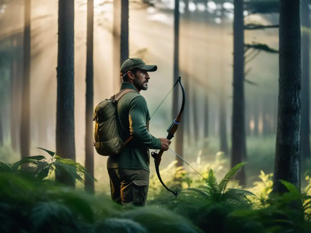 Rastreador experto en bosque uruguayo en atardecer Un cazador y rastreador experto en Uruguay, usando técnicas de supervivencia en la densa selva, iluminado por el sol poniente