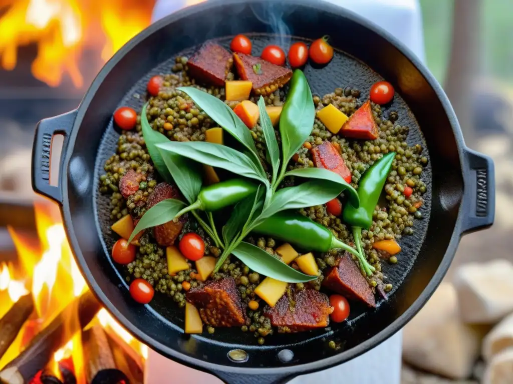 Cazuela de lentejas al fuego: una cena campera reconfortante Una cazuela de lentejas cocinándose sobre fuego en camping