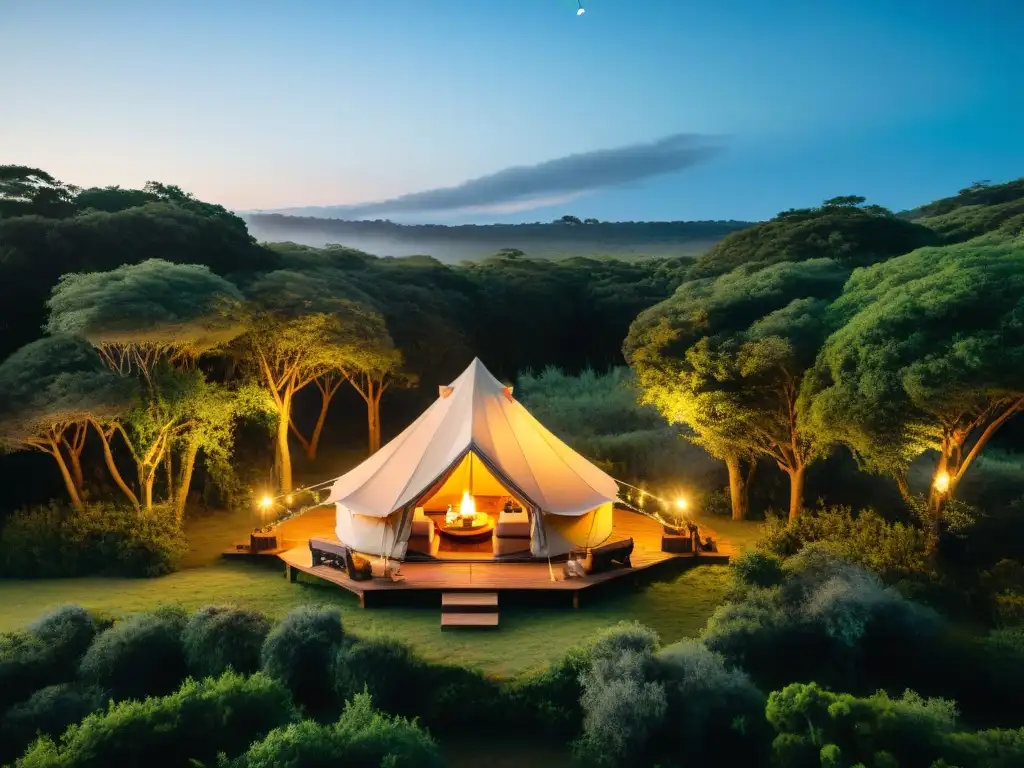 Romántica cena a la luz de las estrellas en glamping de lujo en Uruguay Una cena romántica bajo las estrellas en un lujoso glamping para parejas en Uruguay
