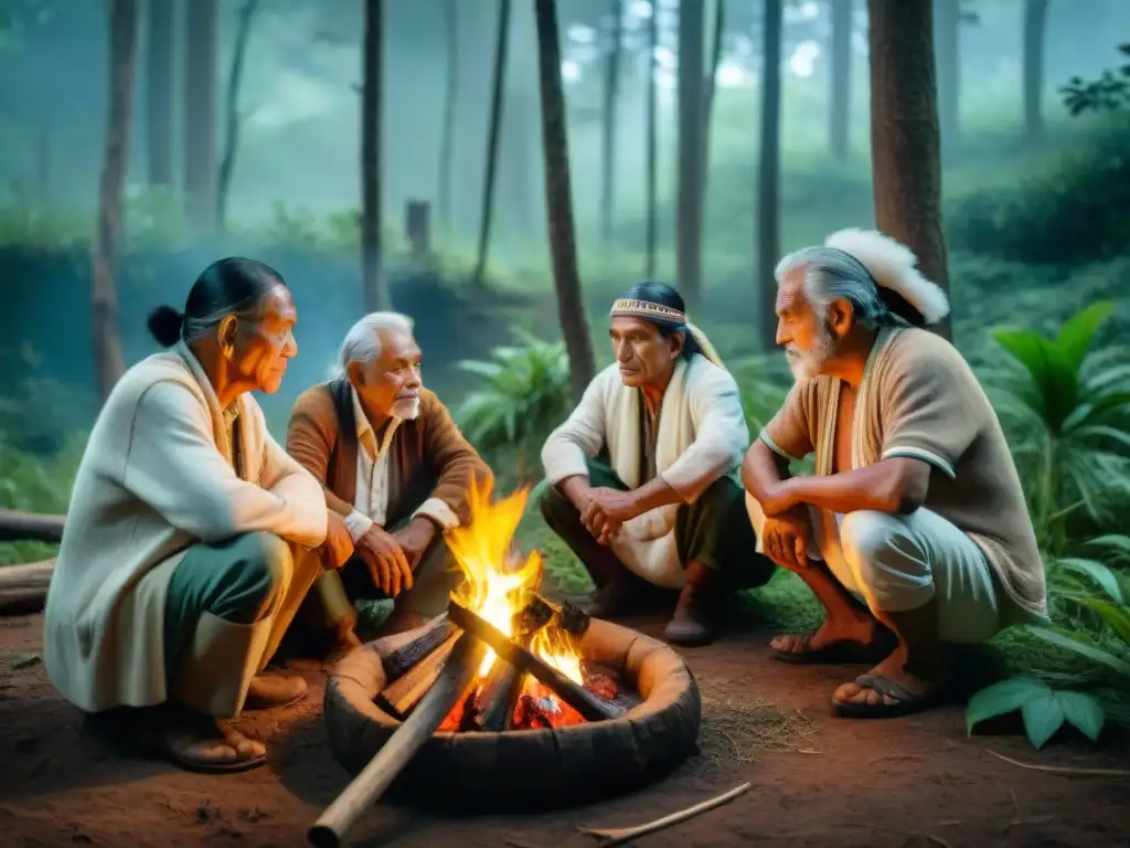 Ceremonia ancestral de indígenas uruguayos en el bosque Ceremonia de ancianos indígenas de Uruguay transmitiendo sabiduría en la naturaleza