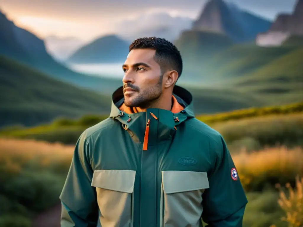 Chaqueta de camping de lujo: detalle y resistencia en la naturaleza Una chaqueta de camping de lujo con detalles intrincados, tela impermeable y sistema de ventilación innovador, en un entorno natural y montañoso