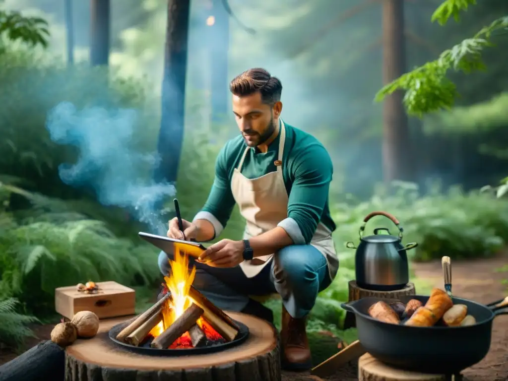 Cocina al aire libre con tablet: fusión de tecnología y naturaleza Un chef utiliza una app en tablet mientras cocina en un entorno natural con vegetación exuberante y una fogata, creando una atmósfera serena