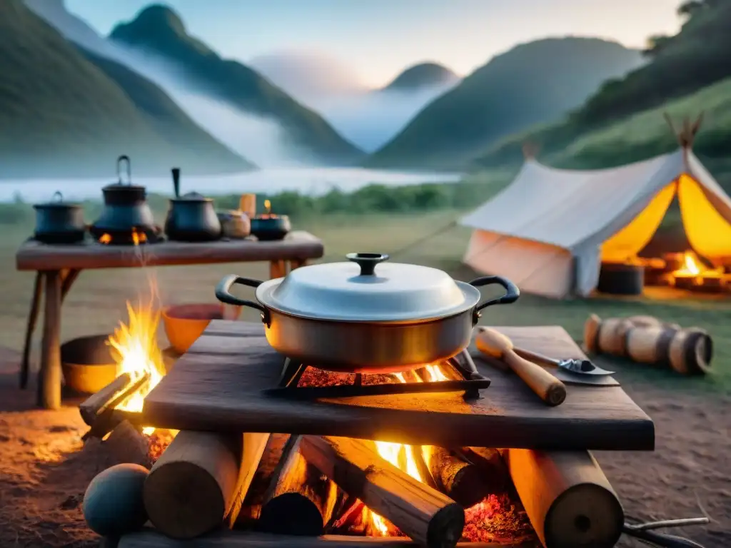 Cocina al fuego: Chef uruguayo en acción al atardecer Chef preparando una comida tradicional en una cocina portátil de camping en Uruguay al atardecer
