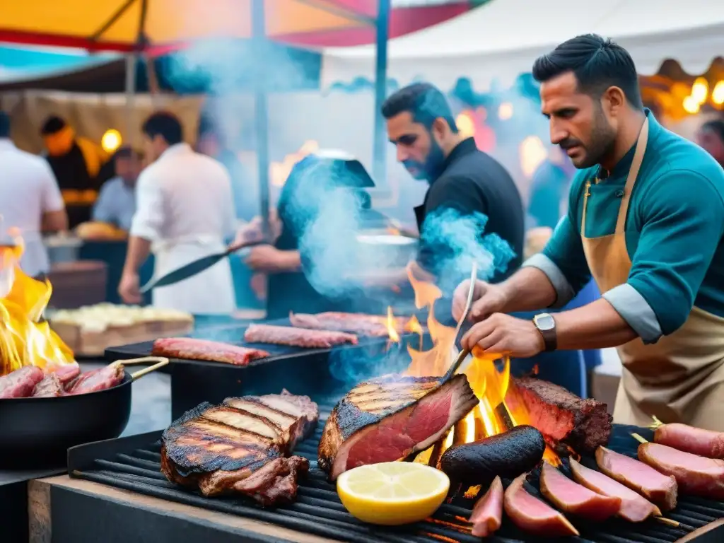Chef experto en parrilla en festival culinario uruguayo Un chef experto en un festival gastronómico uruguayo, asando carnes tradicionales sobre llamas enérgicas