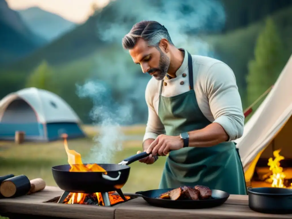 Chef aventurero cocinando al aire libre en campamento Un chef rudo cocina al aire libre en un campamento, con un sartén de hierro sobre fuego abierto, rodeado de naturaleza