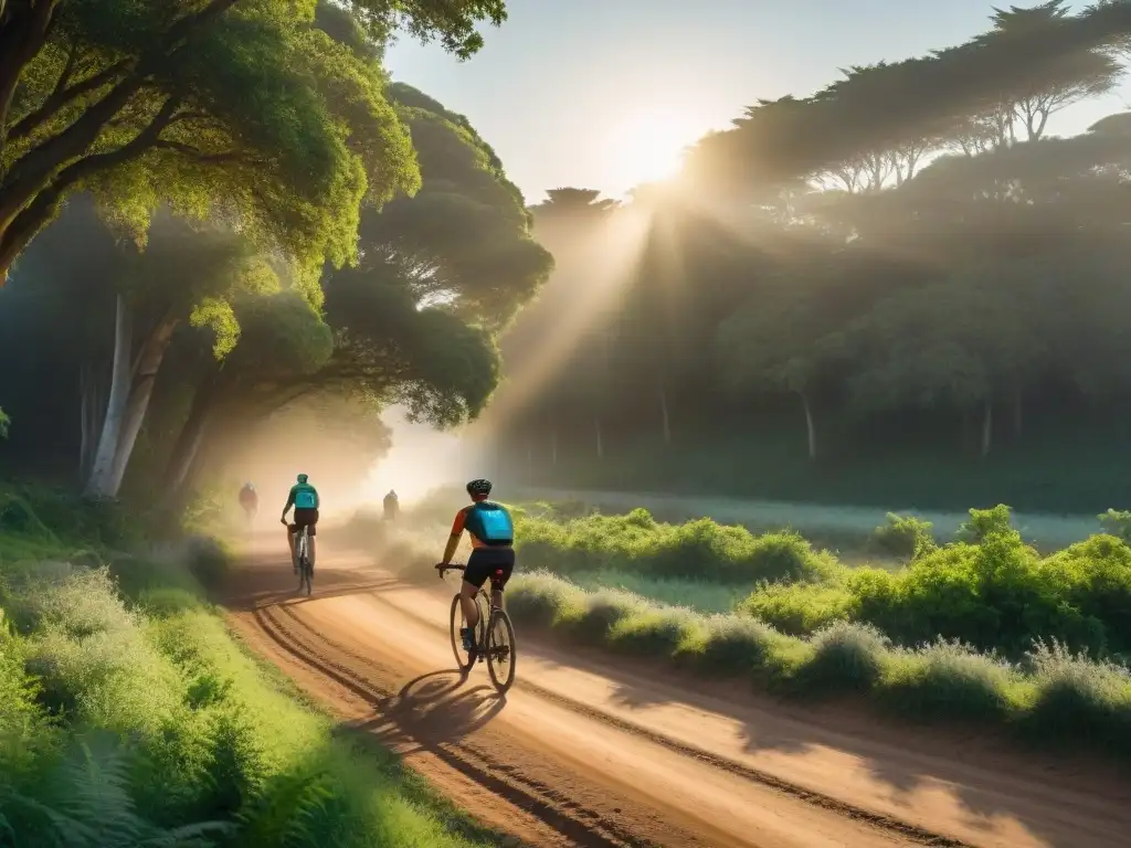 Explorando rutas de ciclismo en Uruguay al atardecer Ciclismo al atardecer en ruta de camping en Uruguay, entre sombras y verdor, bajo la luz dorada del sol poniente