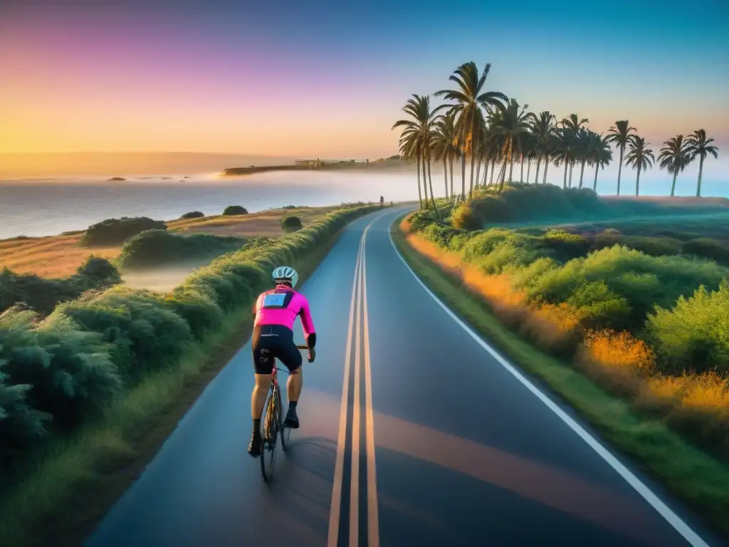 Ciclistas en la costa uruguaya al atardecer Ciclismo sostenible en Uruguay: Ciclistas recorren la costa al atardecer, rodeados de naturaleza exuberante y mar azul