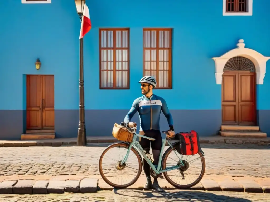 Explorando la historia de Colonia del Sacramento en bicicleta Un ciclista junto a una bicicleta vintage en Colonia del Sacramento, Uruguay