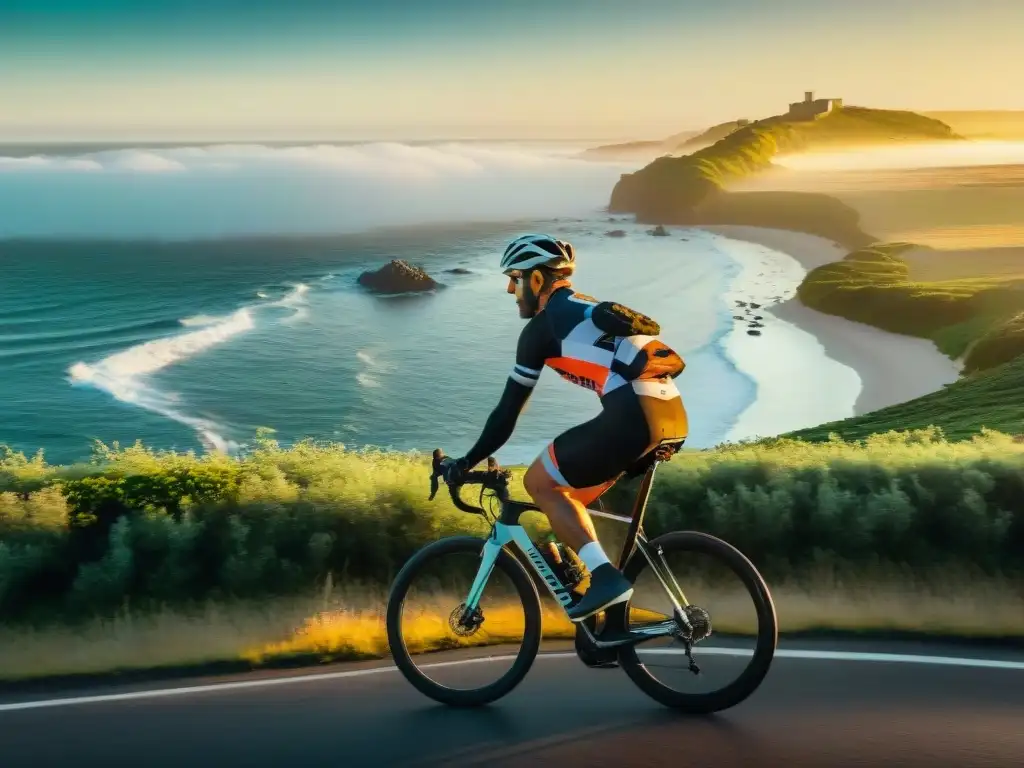 Emoción costera: Ciclista disfrutando el atardecer en Uruguay Un ciclista disfruta de la ruta costera en Uruguay, rodeado de naturaleza y el mar, capturando la esencia de aventura y serenidad