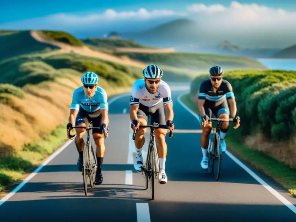 Equipo de ciclistas en acción a lo largo de la costa de Uruguay Ciclistas profesionales en pack por la costa uruguaya