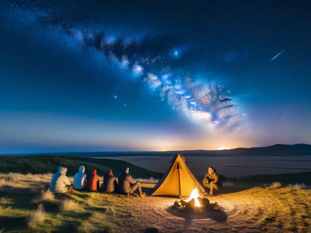 Noche estrellada en Uruguay: campamento bajo las estrellas Un cielo estrellado sobre las llanuras de Uruguay, campamento nocturno con fogata y telescopios