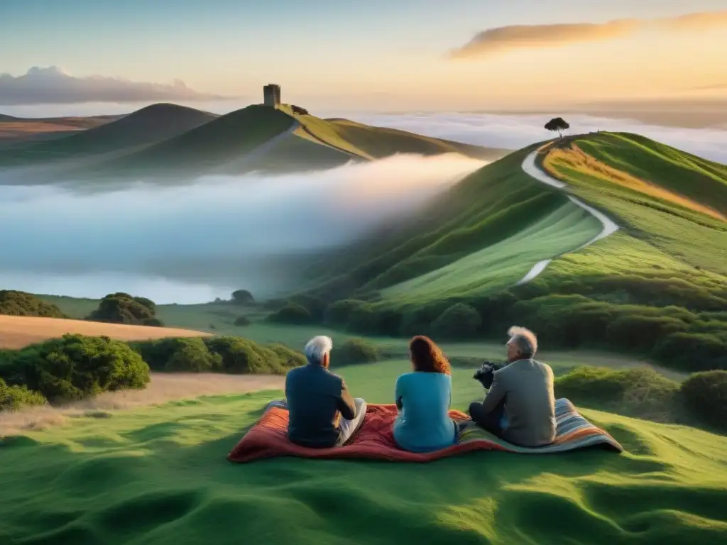 Directores uruguayos en diálogo con la naturaleza al atardecer Cine uruguayo vida aire libre: Directores de cine uruguayos en profunda conversación bajo un atardecer sereno en las colinas