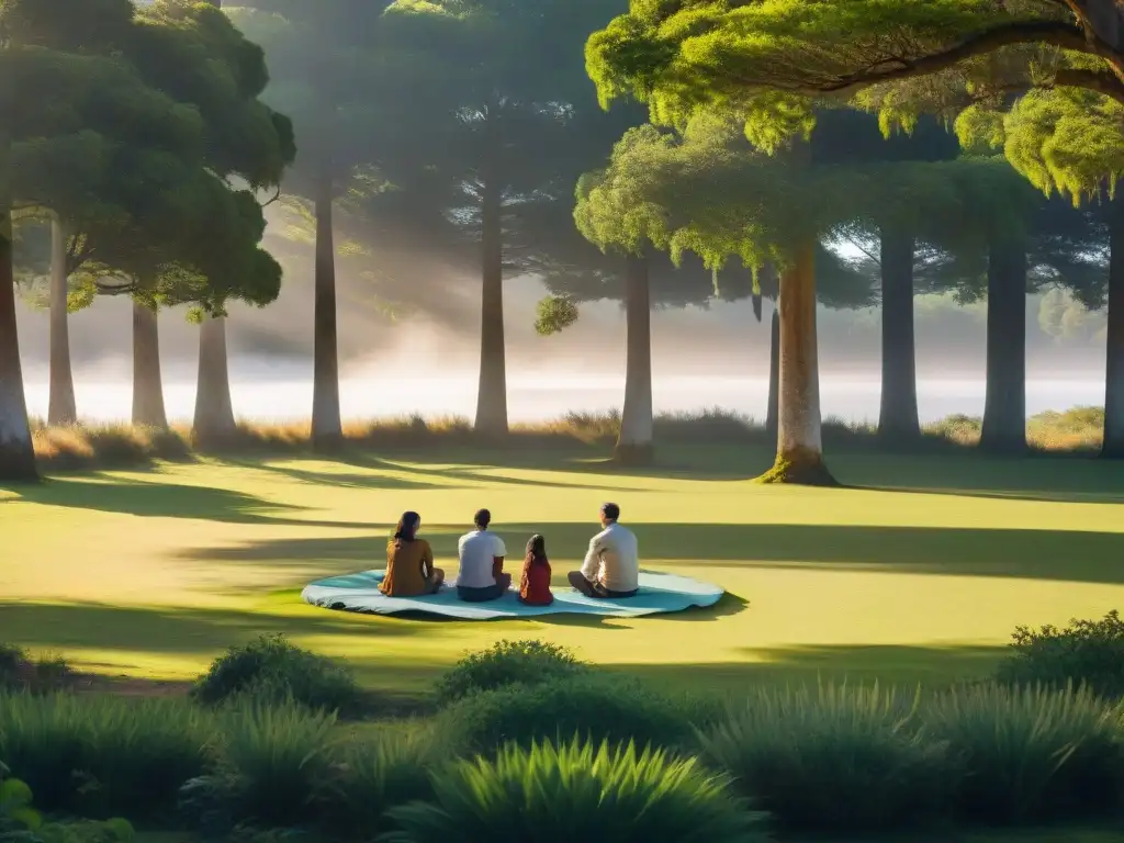 Conexión natural: círculo de diversidad en bosque uruguayo Un círculo de personas diversas en un claro de bosque en Uruguay durante retiros sin tecnología