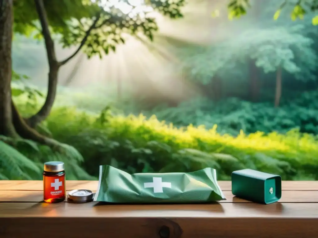 Kit de primeros auxilios en un bosque de Uruguay Un claro del bosque en Uruguay con artículos de primeros auxilios para camping, transmitiendo seguridad y preparación
