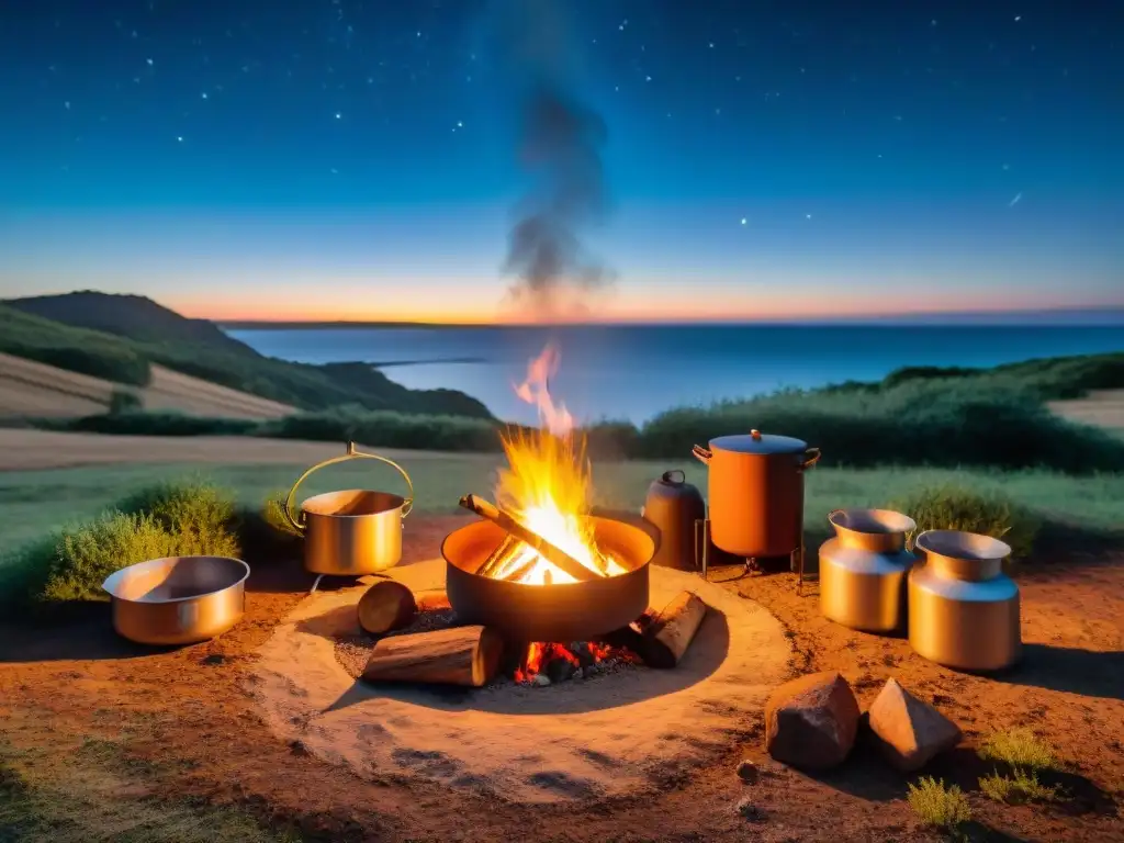 Cocina de fogón uruguayo bajo el cielo estrellado Cocina portátil de camping en Uruguay bajo un cielo estrellado, campistas disfrutando de una noche acogedora alrededor de la hoguera