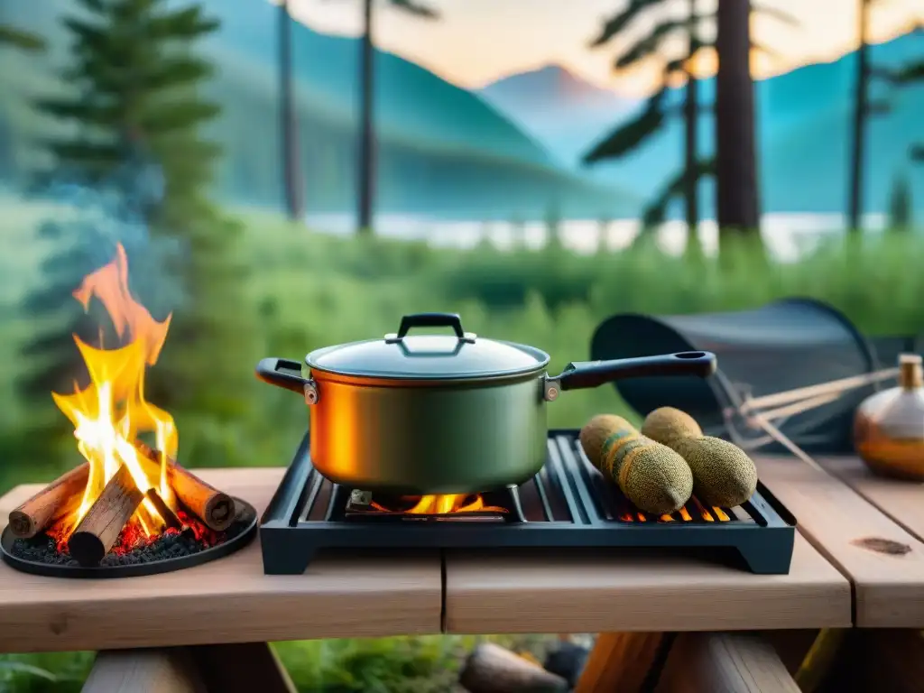 Cocina de camping: Esencia culinaria al aire libre con especias vibrantes Una cocina de camping con las mejores especias para cocina camping, creando una experiencia culinaria al aire libre llena de sabor y aventura