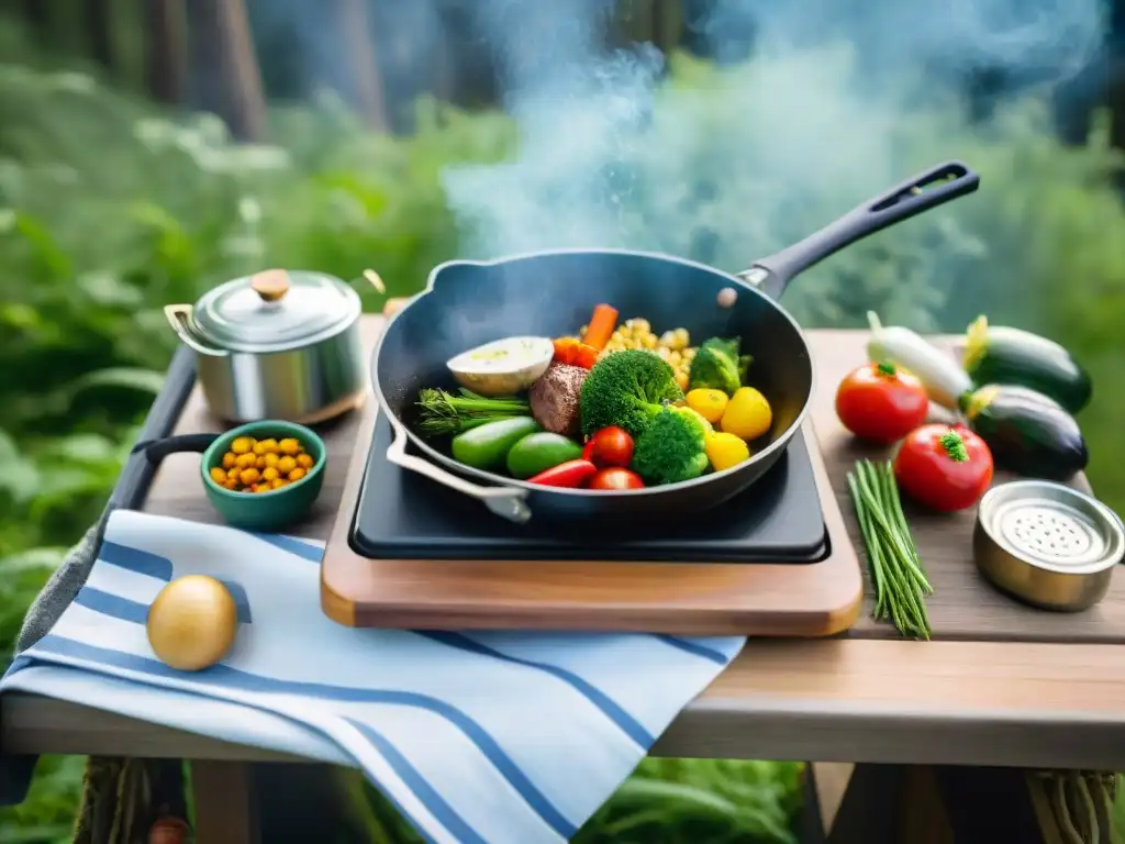 Cocina al aire libre: Estufa portátil en el bosque Cocina gourmet al aire libre en bosque con cocinas portátiles para camping gourmet
