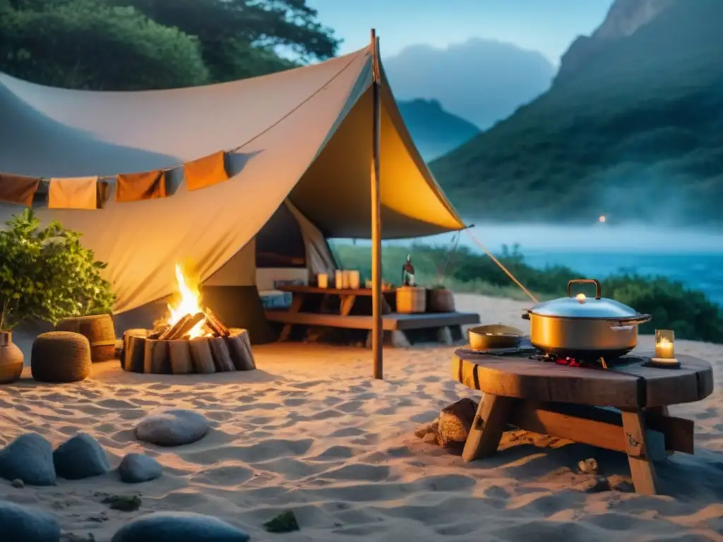 Campamento gourmet en Uruguay: cocina al aire libre sofisticada Cocina gourmet camping en Uruguay: Escena elegante con parrilla, mesa de madera y verdor bajo cielo azul