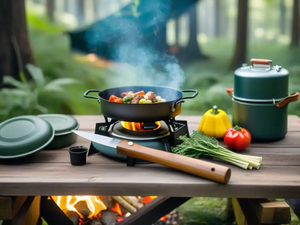 Cocina gourmet en el bosque: estufa portátil y vegetales frescos Cocina gourmet en medio del bosque con cocinas portátiles para camping gourmet