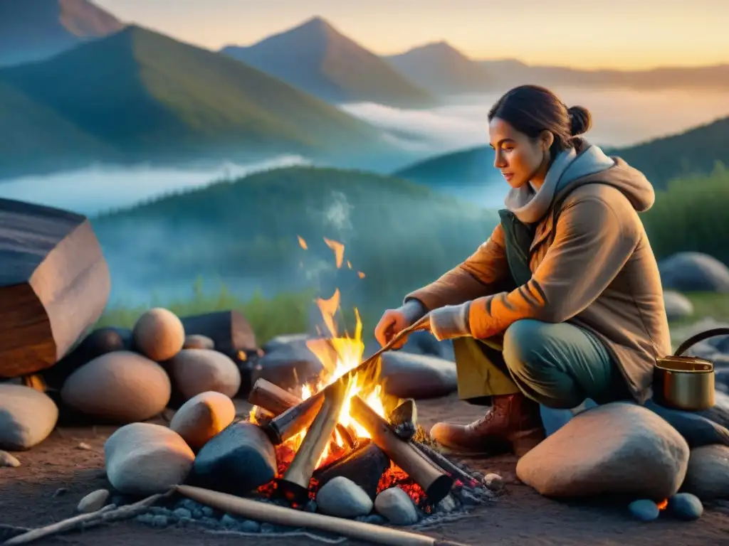Cocina gourmet en la naturaleza: preparando sin utensilios Cocina gourmet sin utensilios en camping: persona preparando comida en fogata con elementos naturales