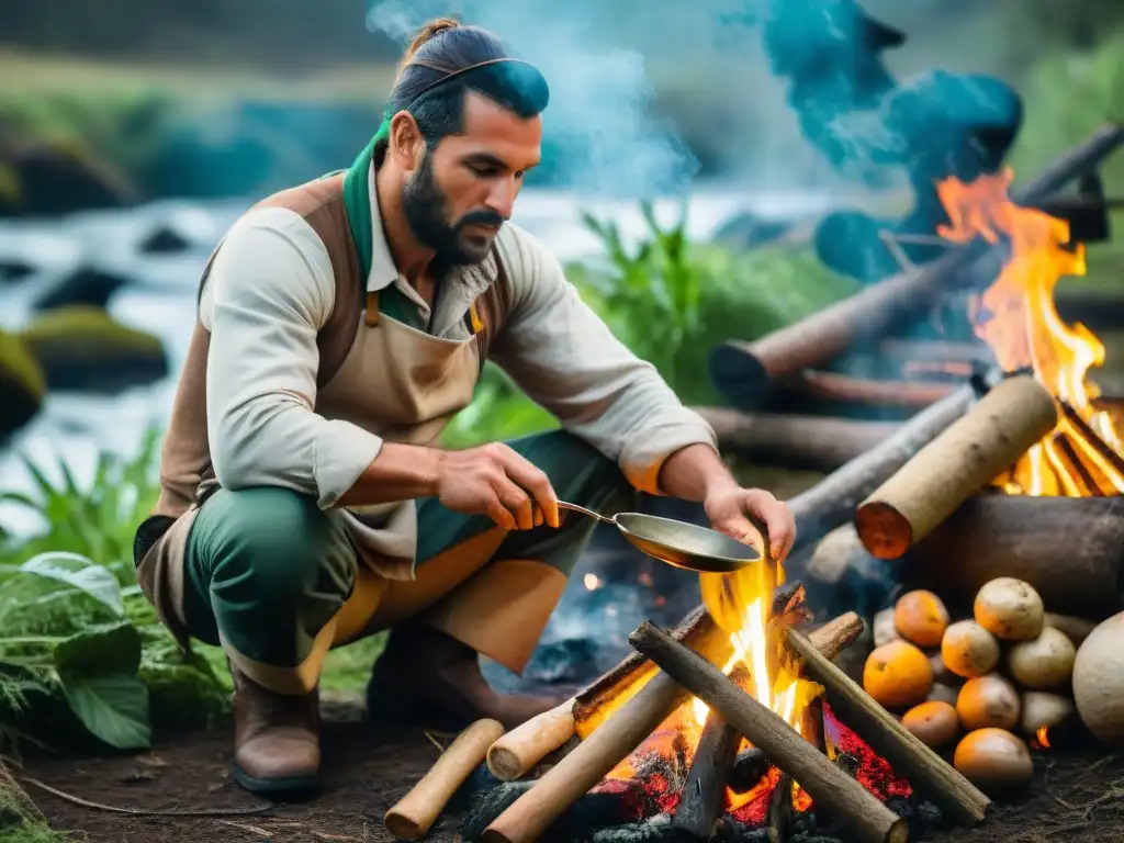 Chef bushcrafter cocinando al aire libre en Uruguay Bushcrafter en Uruguay cocina con ingredientes forrajeados sobre fogata en entorno natural