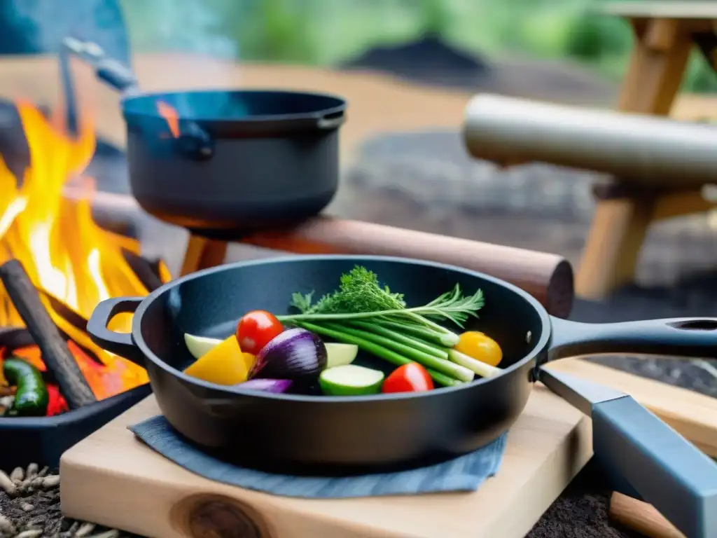 Cocina al aire libre: sartén de hierro en campamento natural Cocina con ingredientes locales en camping: sartén de hierro con vegetales coloridos y hierbas frescas en fogata al atardecer en bosque sereno