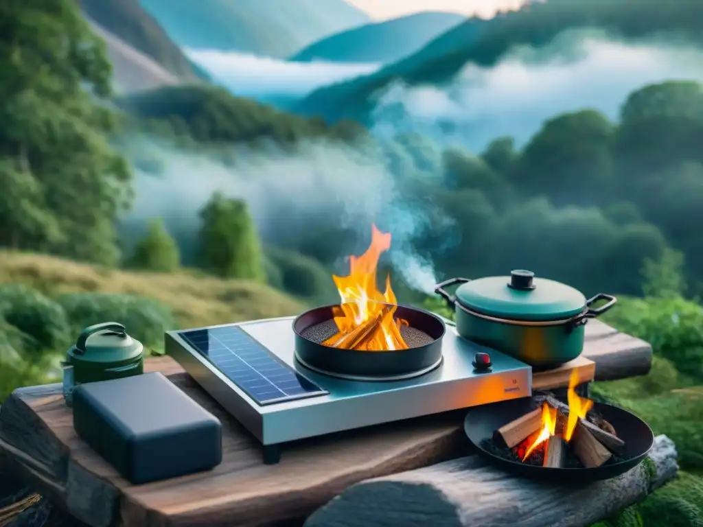 Cocina portátil inteligente en camping: diseño compacto y tecnológico en entorno natural Cocina inteligente portátil en camping con diseño plegable, placa de inducción y sistema de almacenaje