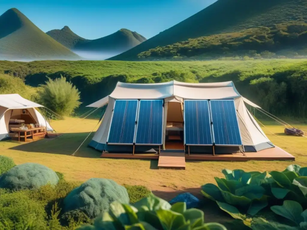 Camping sostenible en Uruguay: cocina solar moderna Cocina solar para camping en Uruguay: Campamento sostenible con cocina moderna y paneles solares en un paisaje verde y soleado