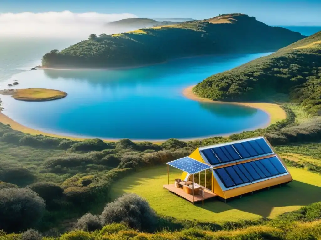 Escena de camping sostenible con cocina solar futurista en Uruguay Cocina solar futurista en camping de Uruguay con chef preparando plato tradicional bajo el sol