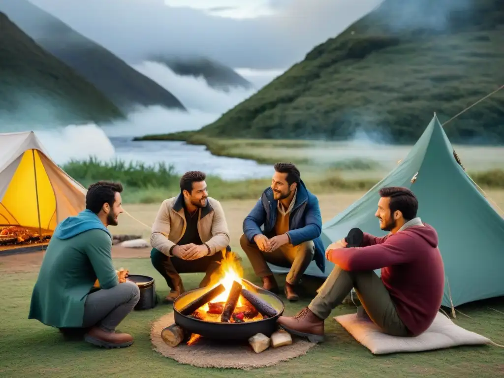 Cocinando un asado: tradición y camaradería en el camping uruguayo Cocinas portátiles para camping en Uruguay: Campamento alrededor de la parrilla disfrutando de la cocina tradicional al aire libre